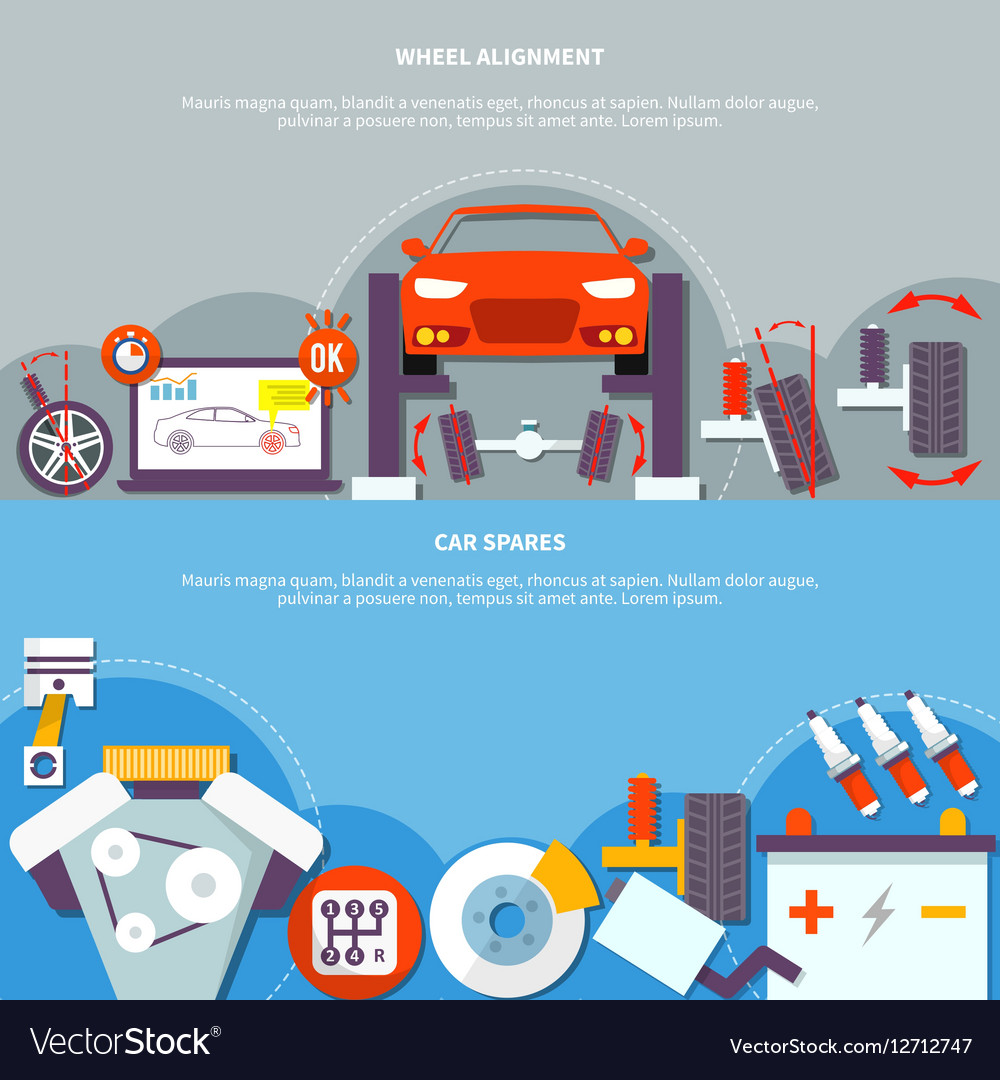 Wheel alignment and car spares horizontal banner Vector Image