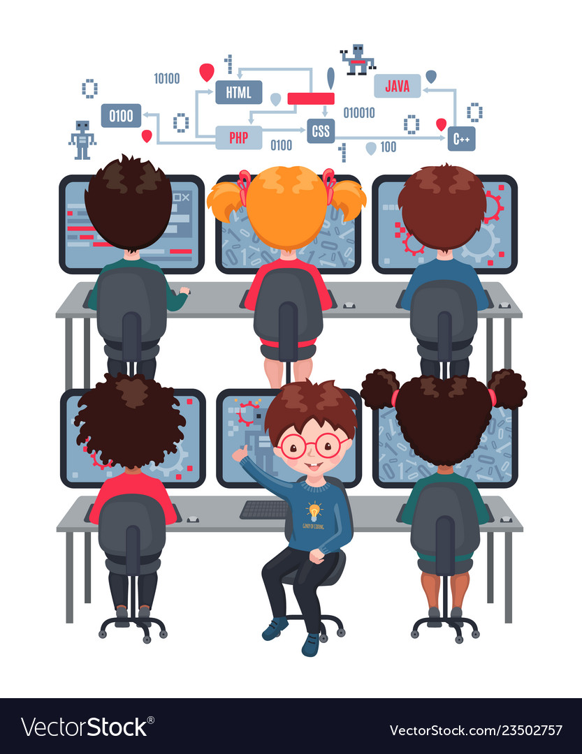 Kids learn coding on laptops in school Royalty Free Vector