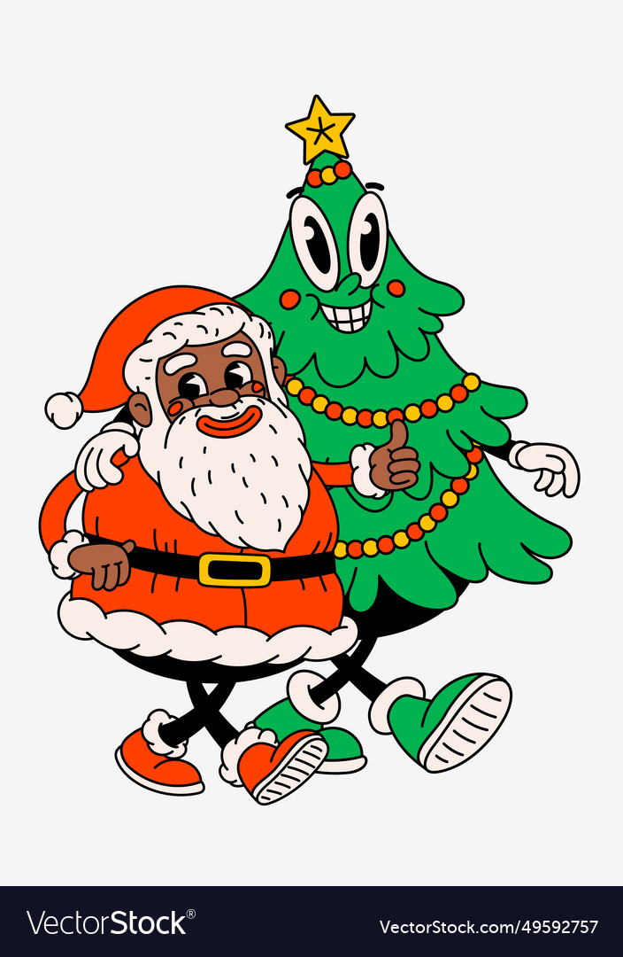 Retro cartoon black santa claus and christmas tree