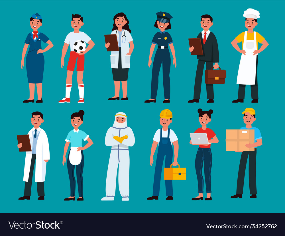 Professionals builder and policeman stewardess Vector Image