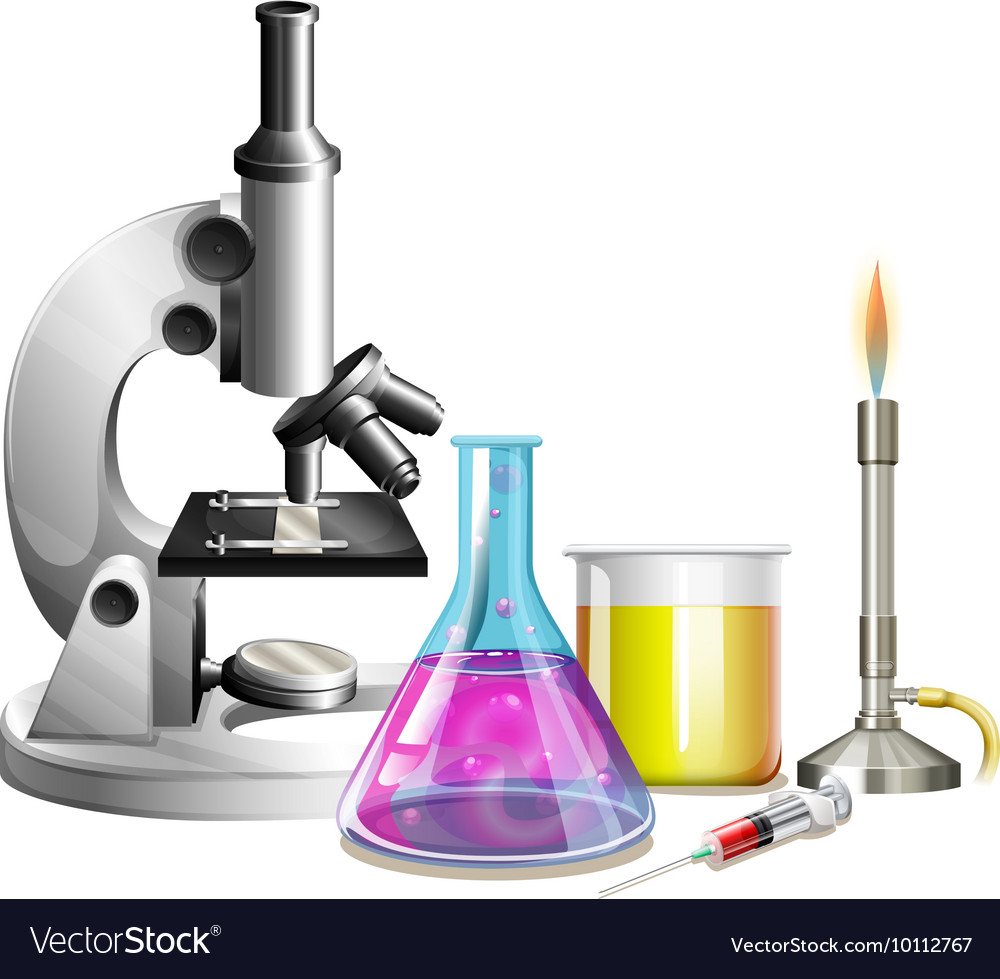 Microscope and beakers with liquid Royalty Free Vector Image