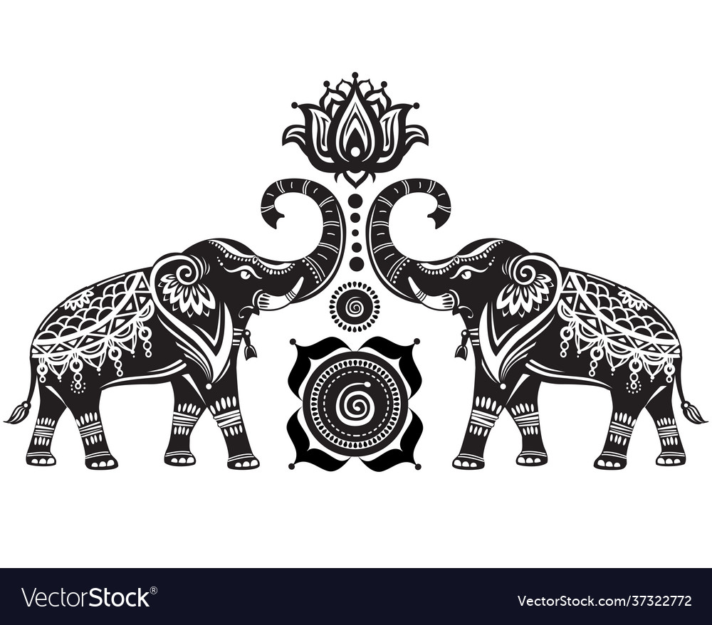 Stylized decorated elephants and lotus flower