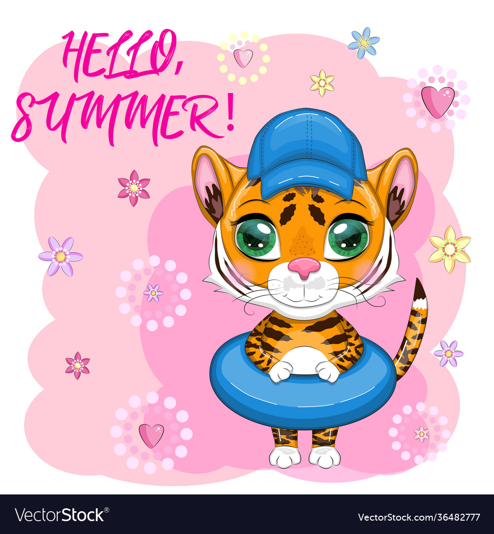 Cartoon Tiger mit Schwimmbad im Sommer Hut