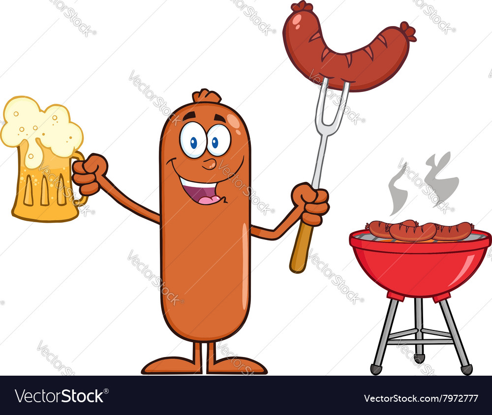 Happy sausage cartoon enjoying a barbecue Vector Image