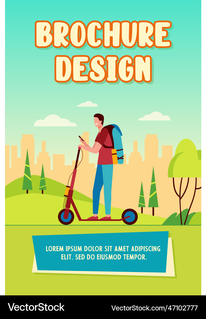 Happy smiling man riding kick scooter on sidewalk Vector Image