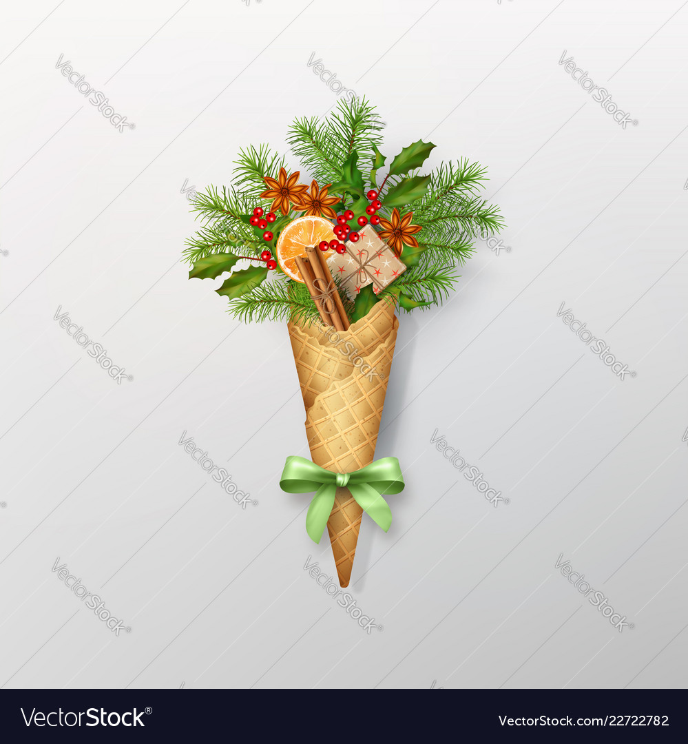 Christmas composition in a waffle cone