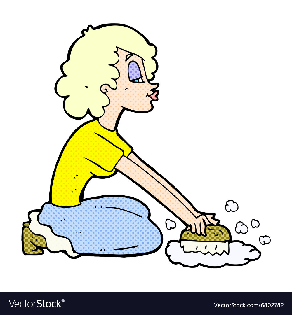 Comic cartoon woman scrubbing floor