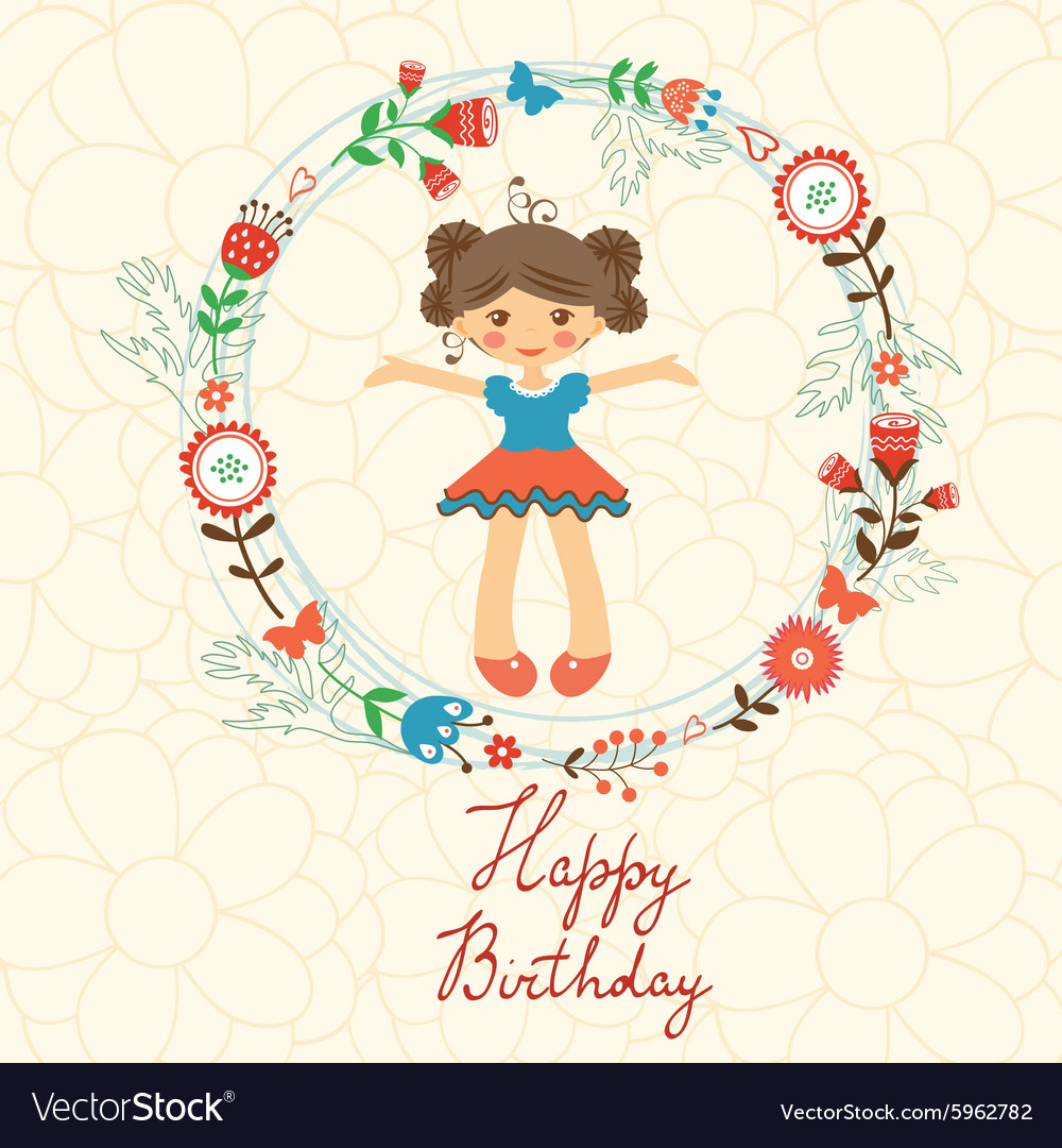 Cute happy birthday card with girl in floral