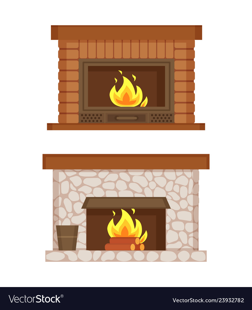 Fireplace Made Of Bricks And Stones Interior Set Vector Image