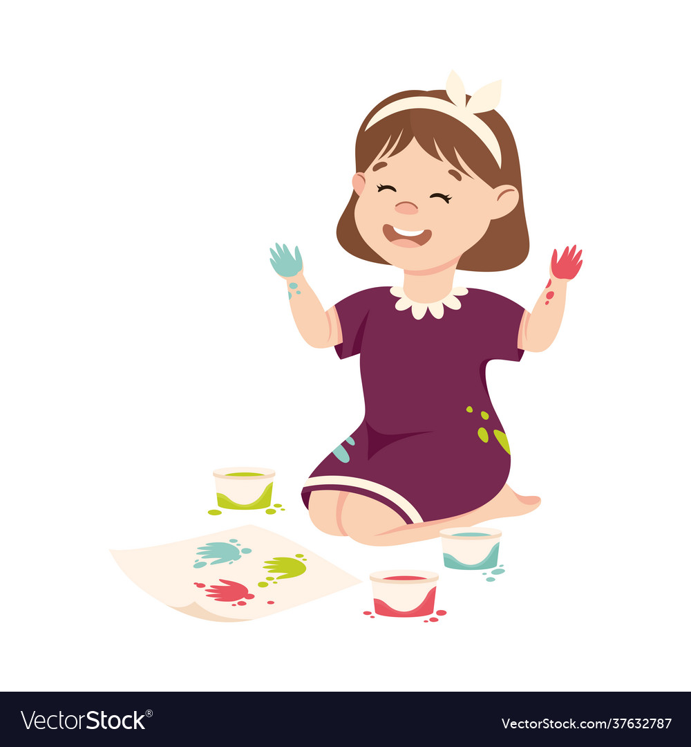 Adorable girl sitting on floor and painting Vector Image