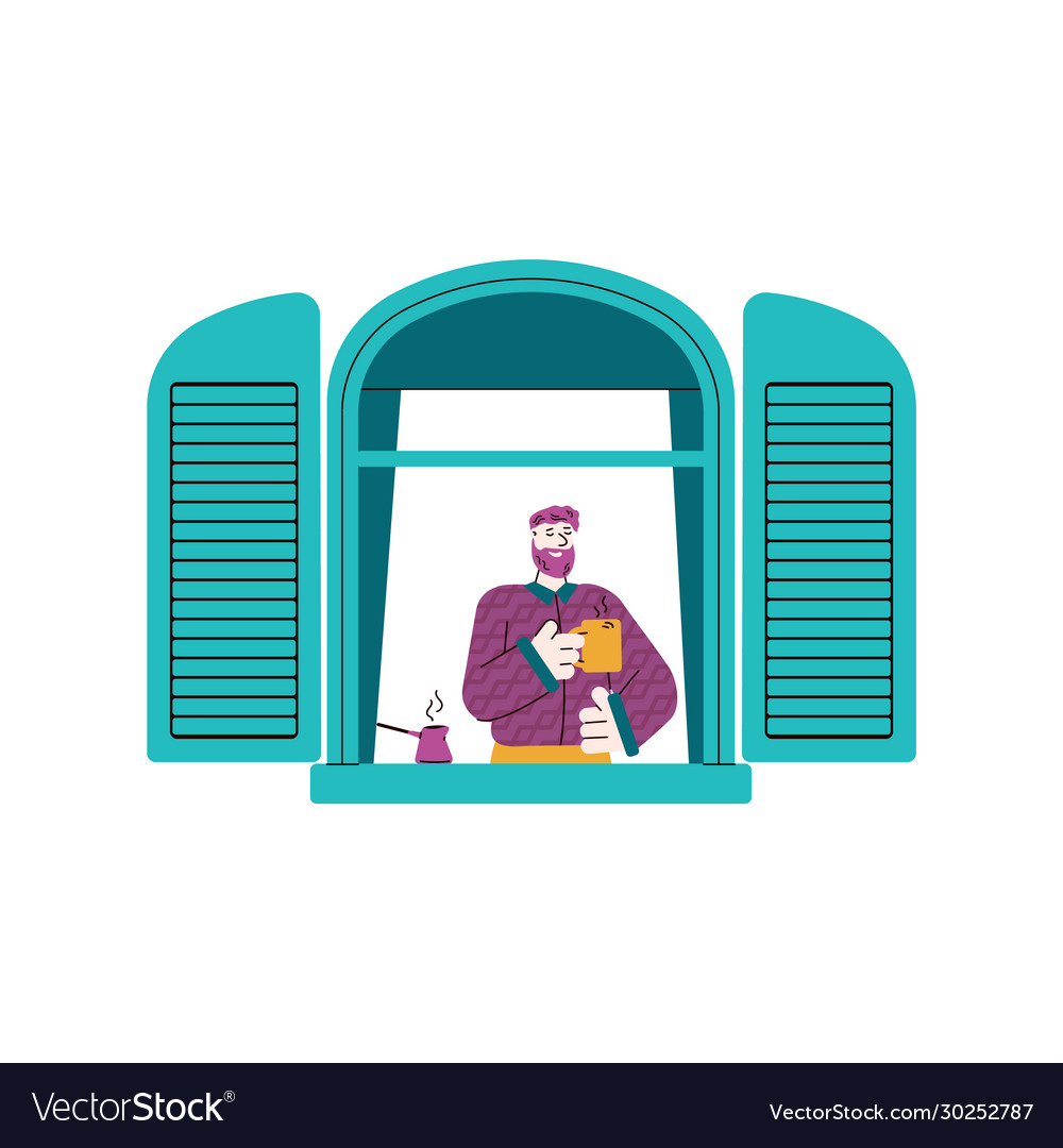 Cartoon man in window with open shutters drinking