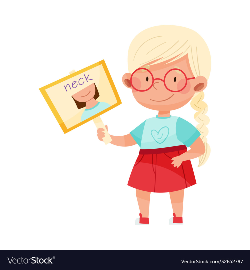 Smiling girl character holding flashcard with neck