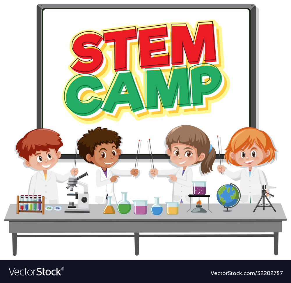 Stem-Camp-Logo mit Kindern die Wissenschaftler tragen