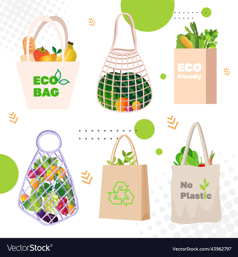 Set Eco Friendly Natural Bags With Organic Fruits Vector Image