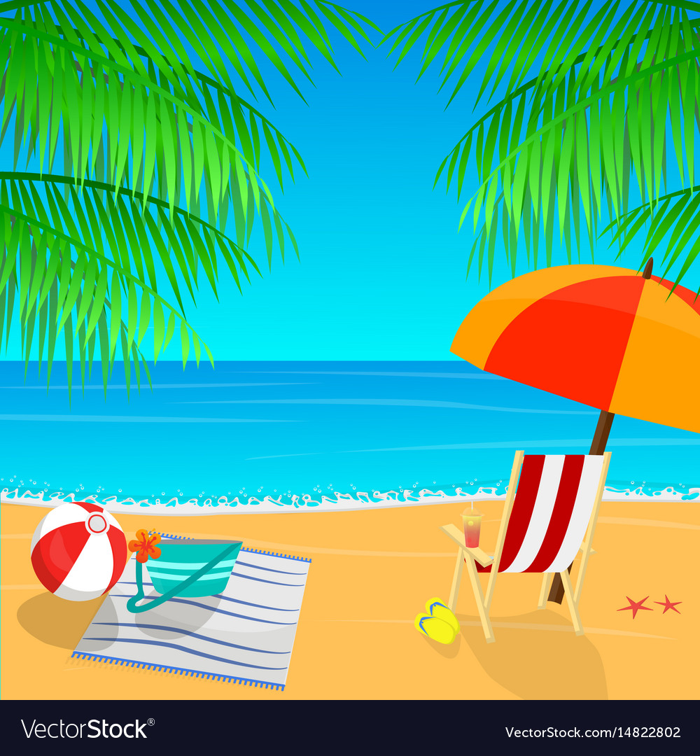 Beach view with an umbrella palm leaves Royalty Free Vector