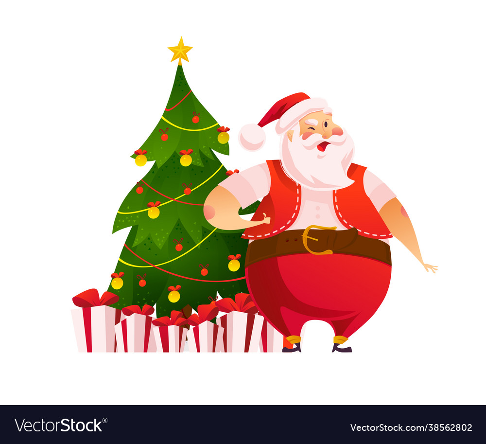 Funny santa claus character with christmas gift vector image Funny santa claus character with christmas gift