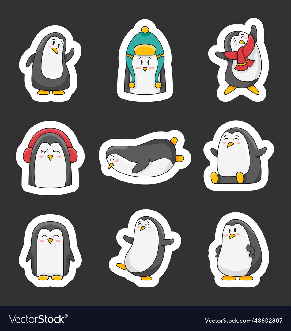 Cute cartoon penguin characters sticker bookmark Vector Image