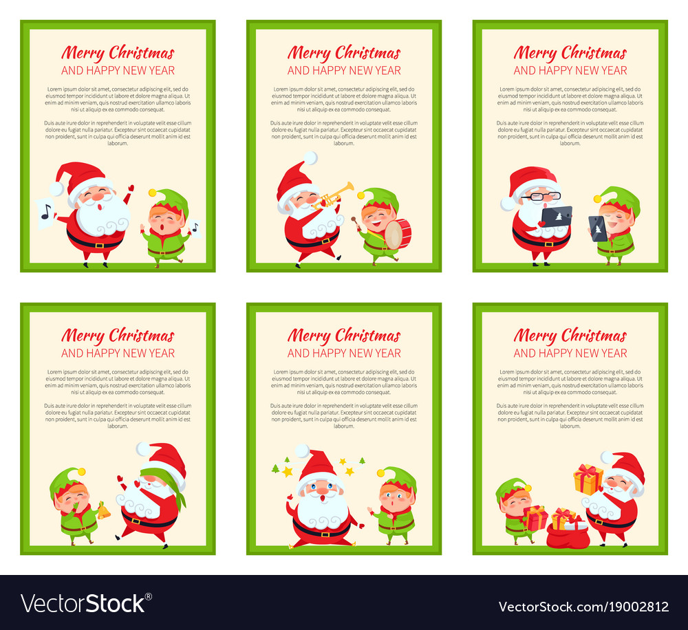 Set of cards with happy santa and ridiculous elf