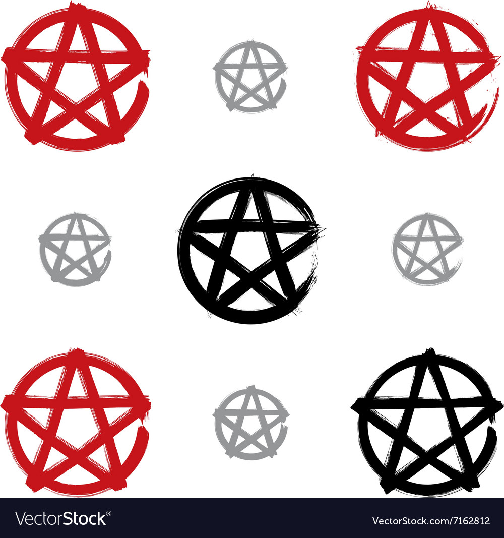 Set of hand-drawn pentagram icons scanned