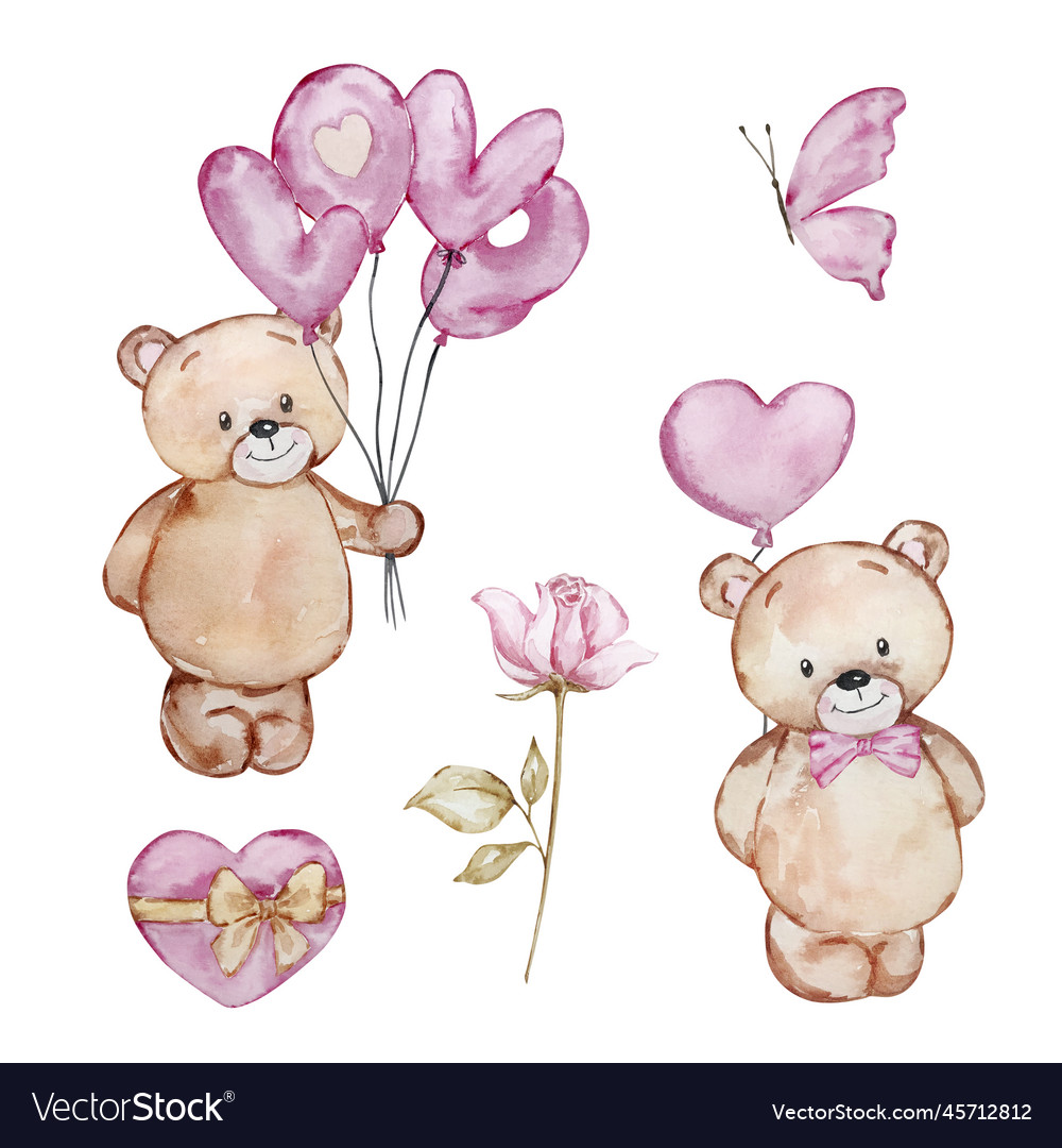 Watercolor valentines day cute teddy bear Vector Image