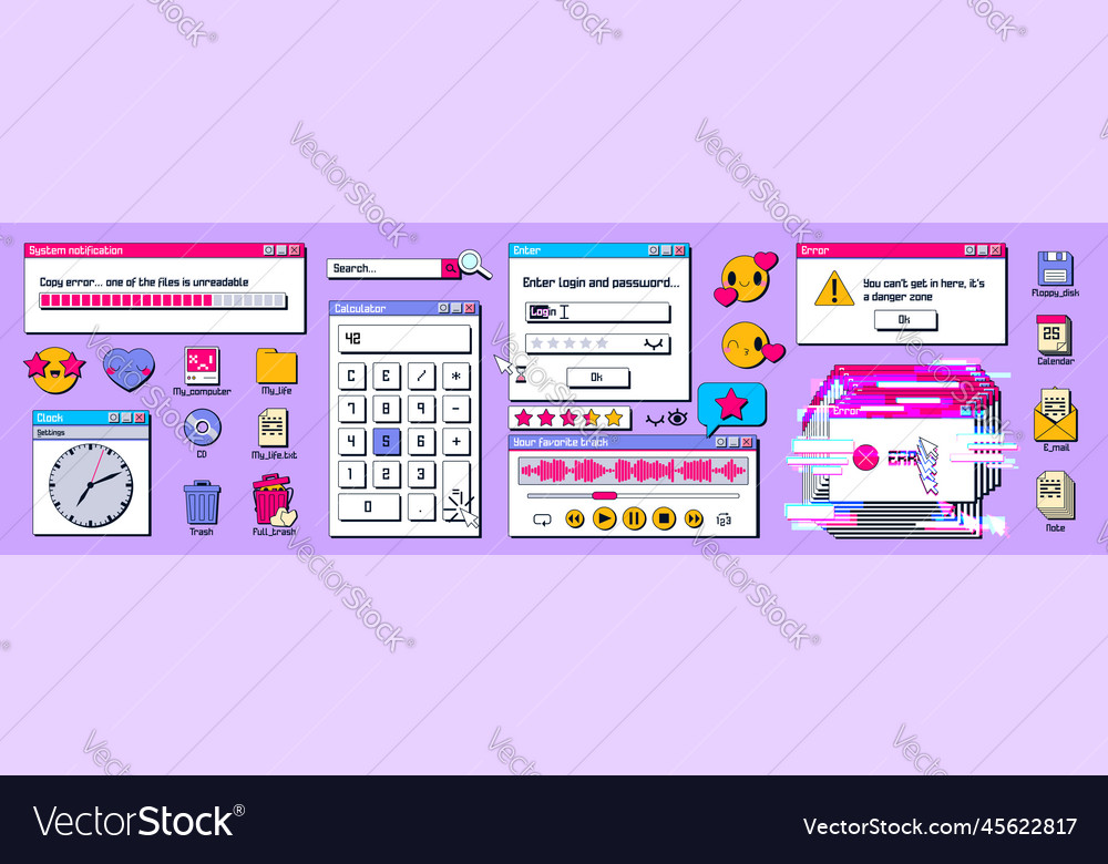 Old computer windows and icons set on background Vector Image