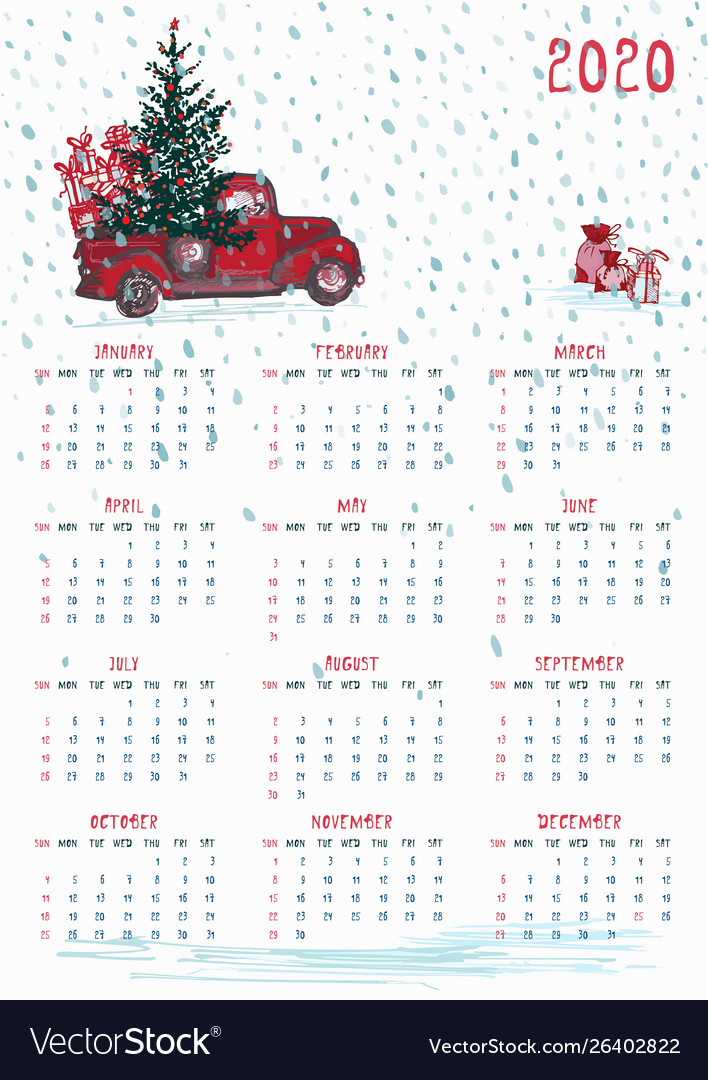 christmas 2020 calendar 2020 Calendar Planner Whith Red Christmas Truck Vector Image christmas 2020 calendar