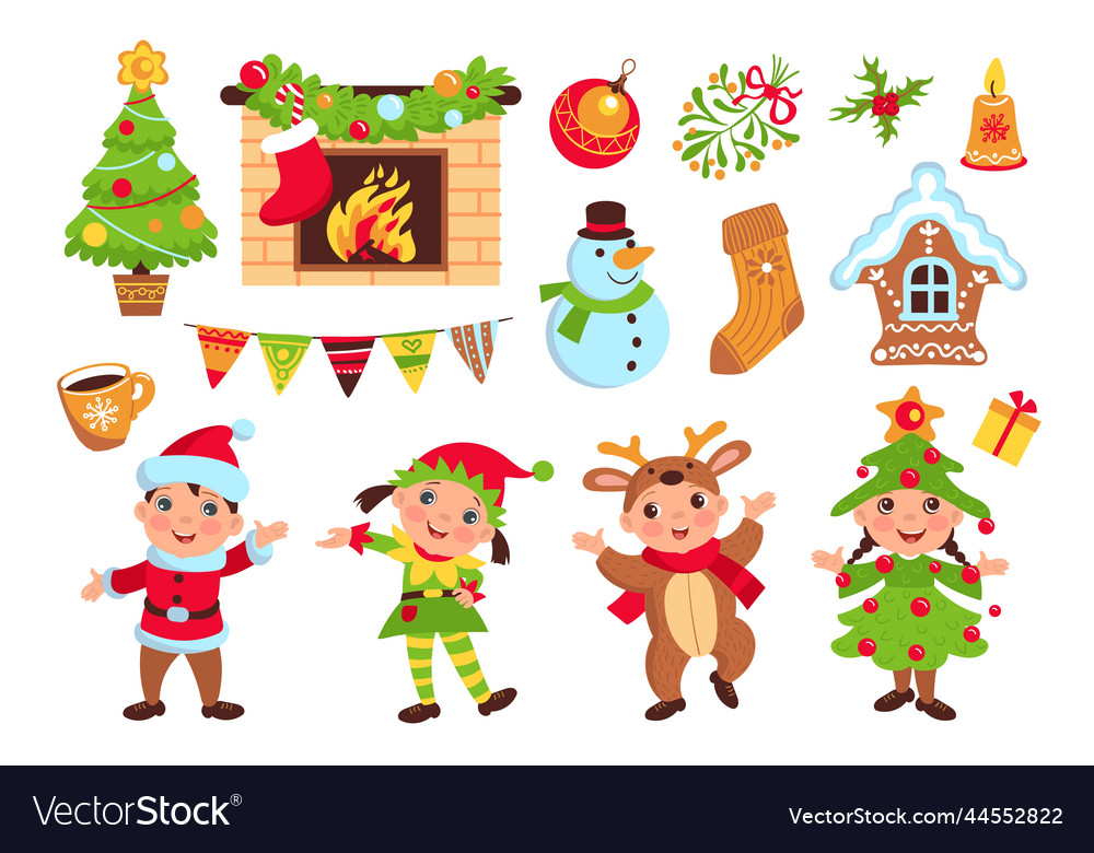 Cartoon christmas kids little children in new Vector Image