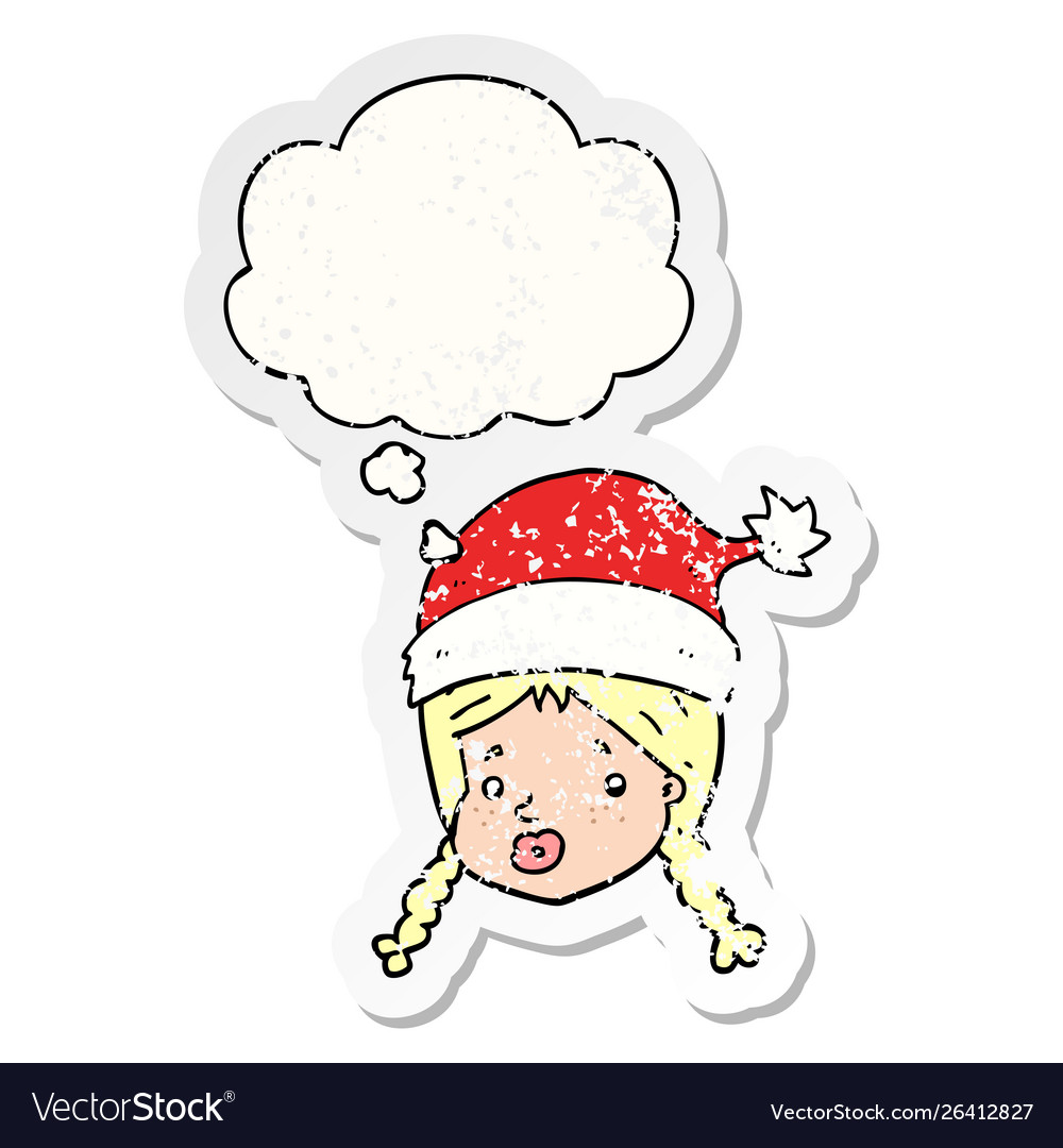 Cartoon girl wearing christmas hat and thought