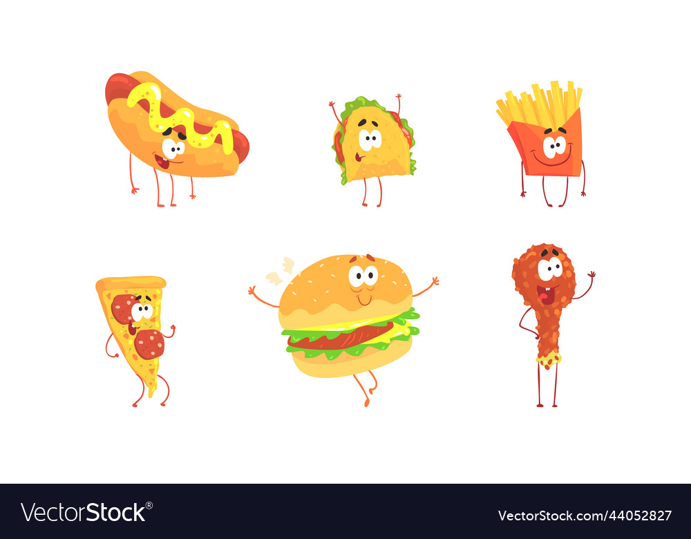 Set of funny fast food cartoon characters french Vector Image