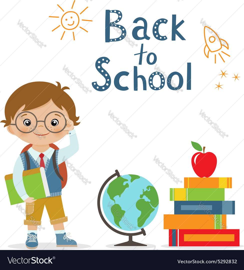 Little schoolboy with books and globe Royalty Free Vector