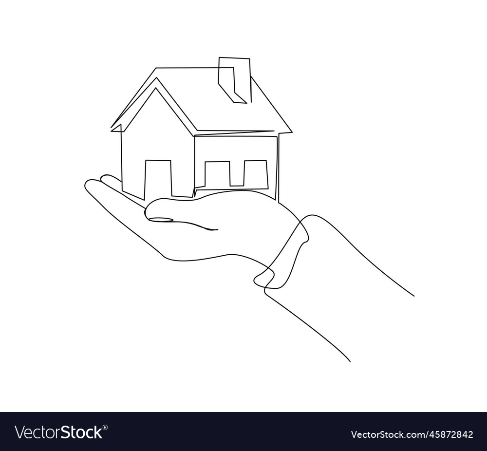 Continuous one line drawing of hand holding hous