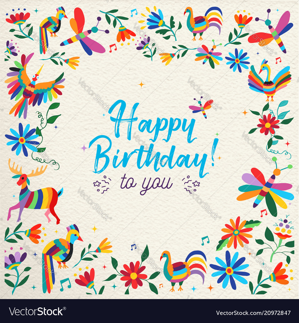 Happy birthday card with flower and animal art Vector Image