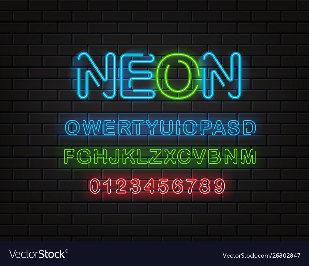 Neon font clipart latin alphabet and digits vector image Neon font clipart latin alphabet and digits