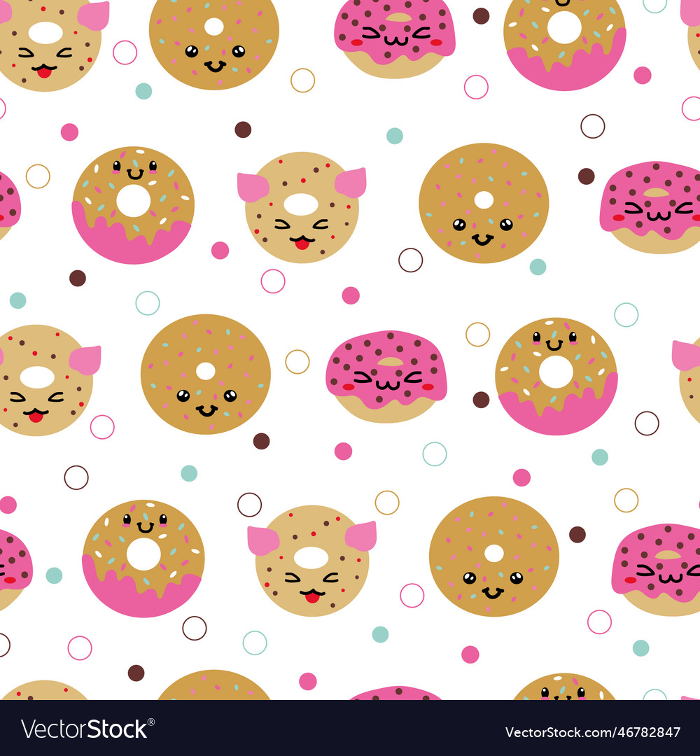 White kawaii donuts with happy faces seamless