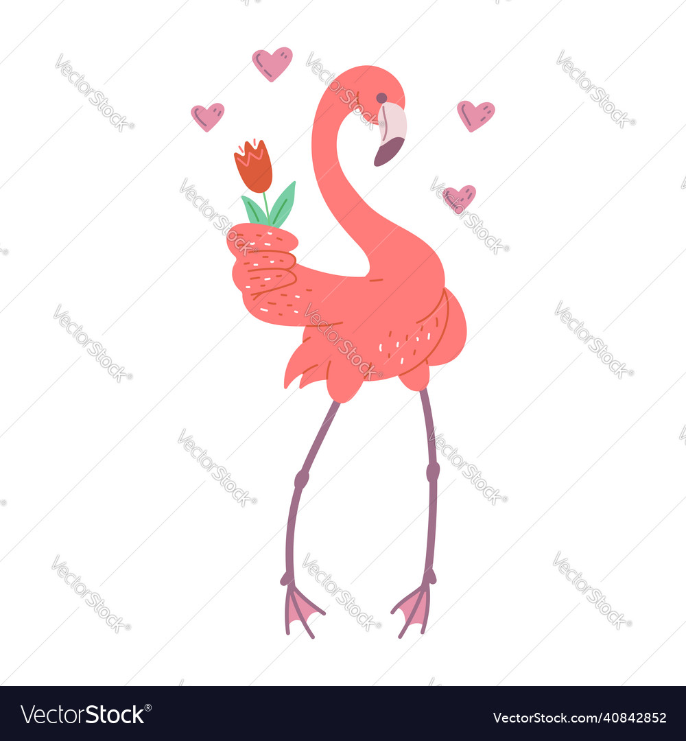 Cute pink flamingo with flower and hearts for love