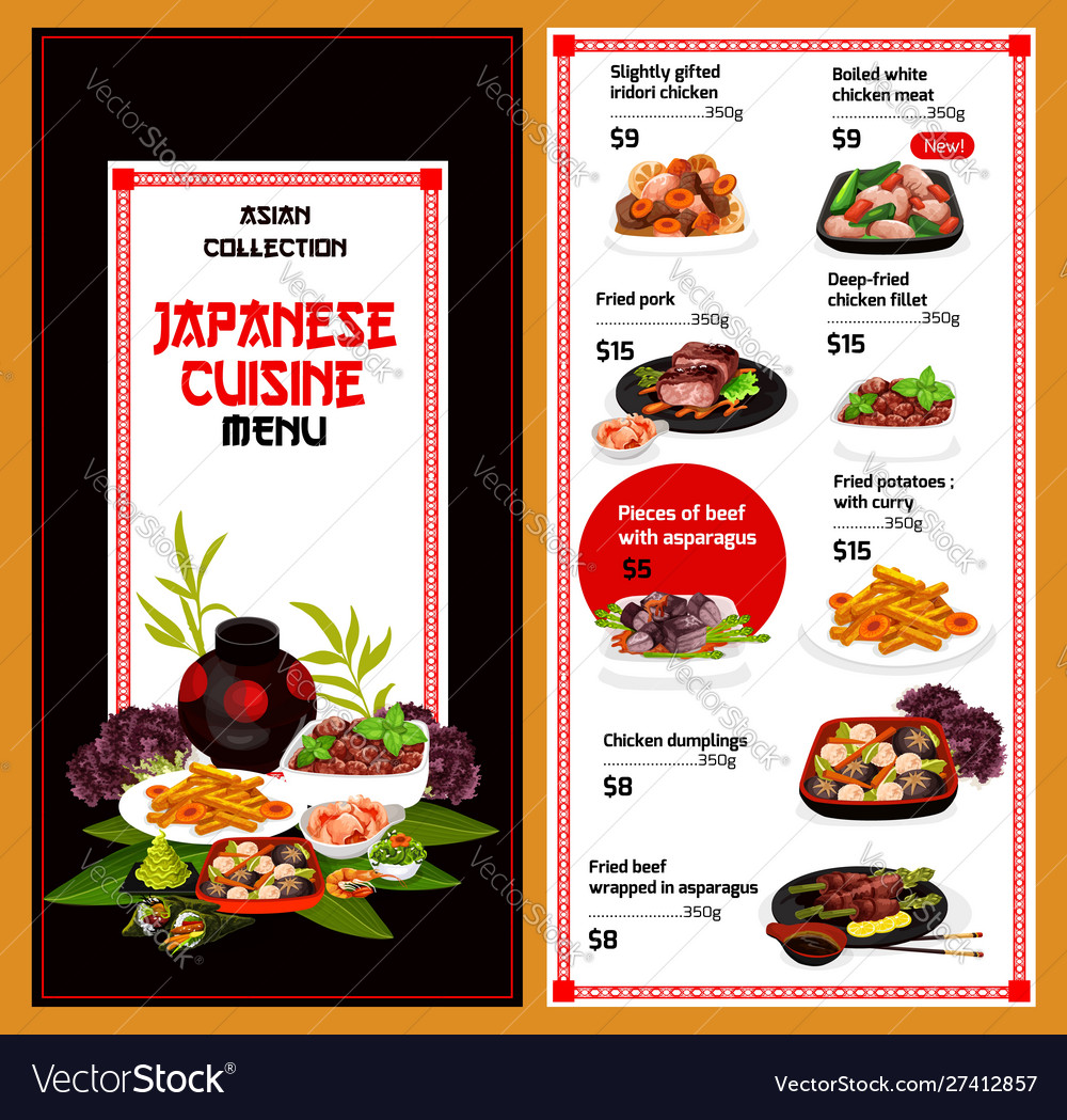 Japanese cuisine dishes menu Royalty Free Vector Image