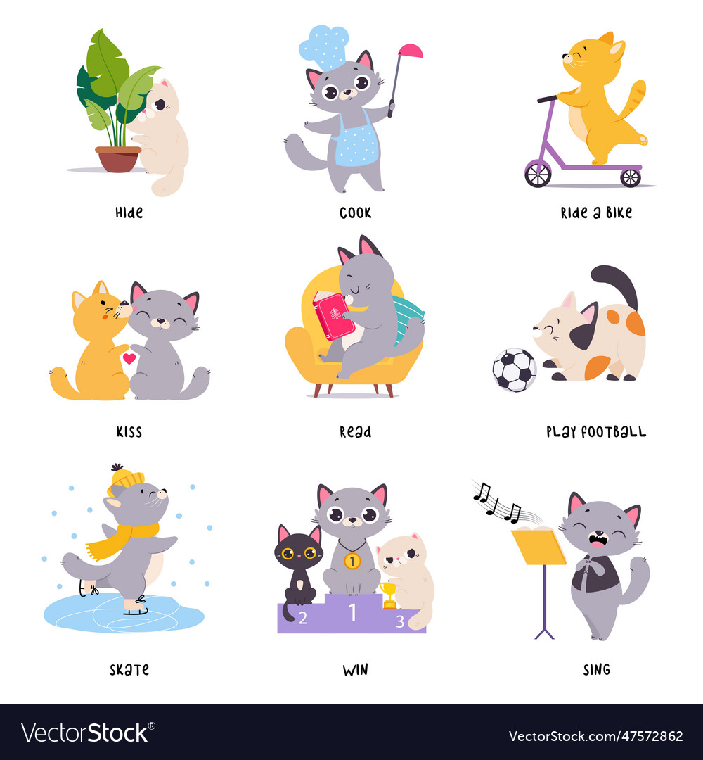 Funny cat in different action as english verb Vector Image