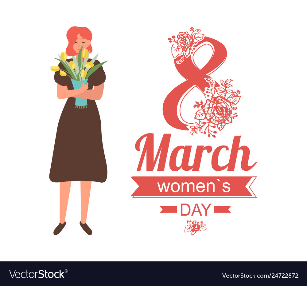 8 March Women Day Greeting Card With Girl In Dress