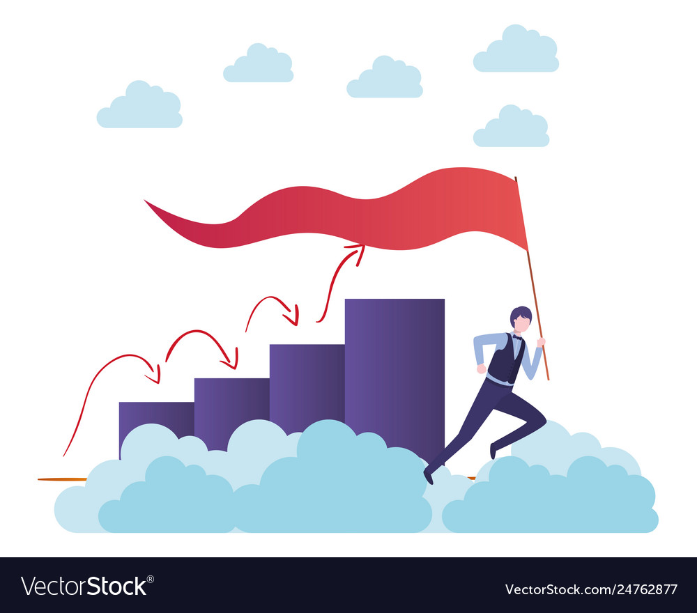 Businessman running with flag and graph arrow