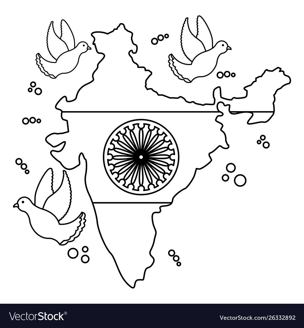 Indian flag map and ashoka chakra with doves