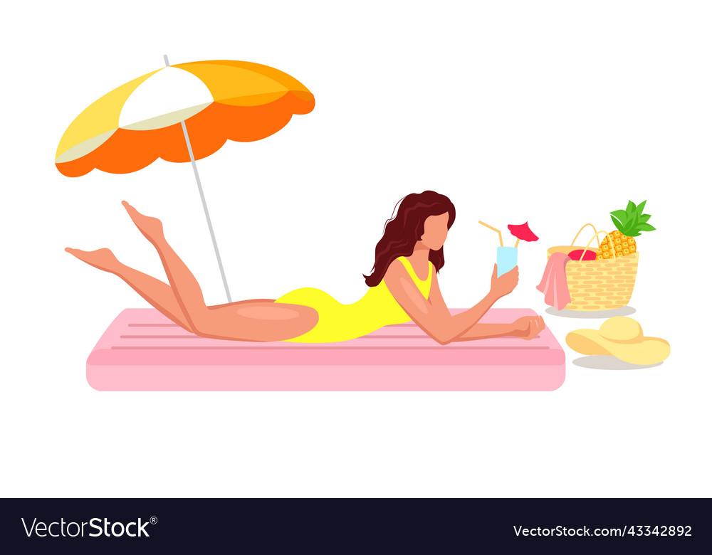 Woman is sunbathing on an air mattress drinking