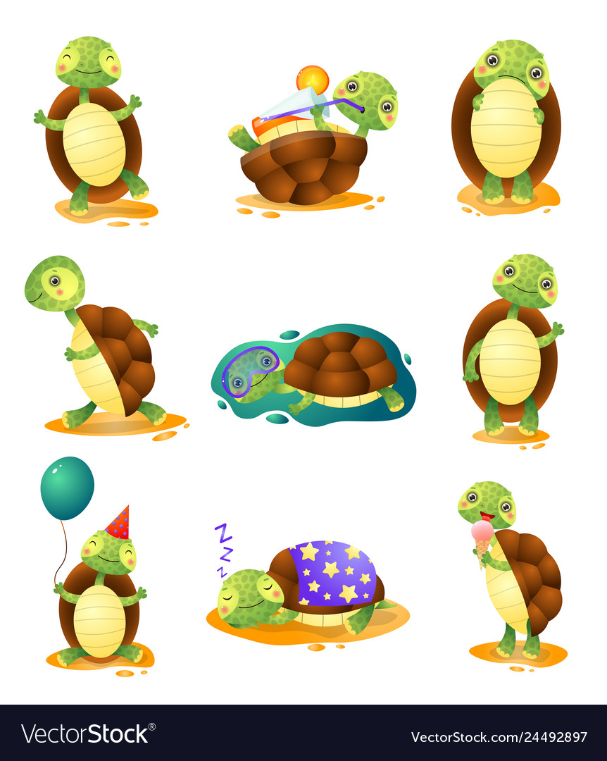 Cute Funny Turtles In Different Poses Set Isolated