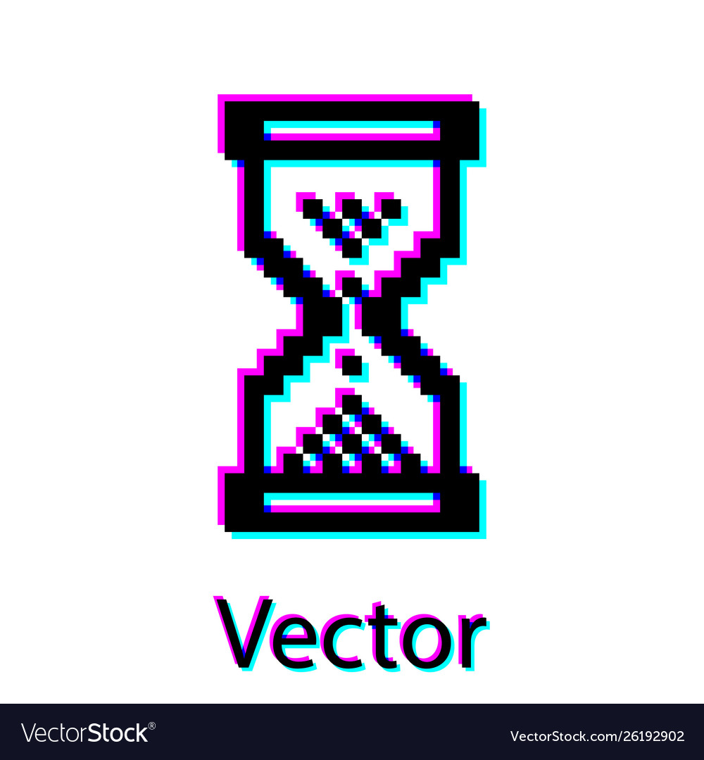 Black hourglass pixel with flowing sand icon