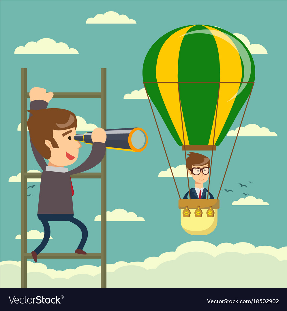 Businessman on a ladder using spyglass above cloud