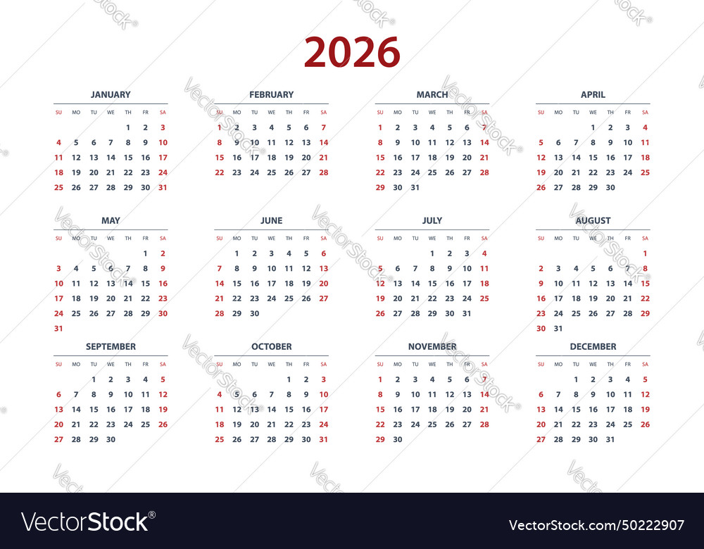 Quarter calendar template for 2026 year wall Vector Image