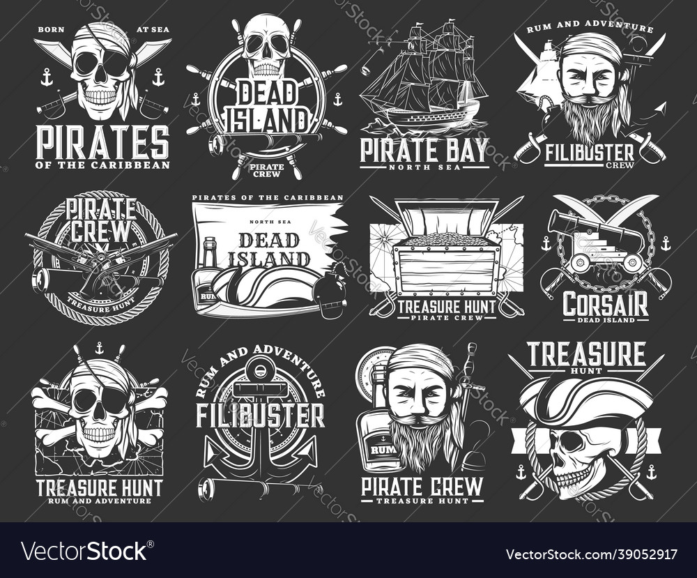 Caribbean pirates and corsair monochrome icons Vector Image