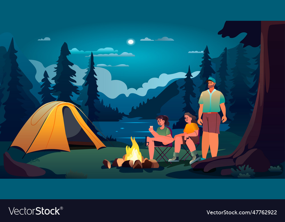 People near tent camping area with campfire night Vector Image