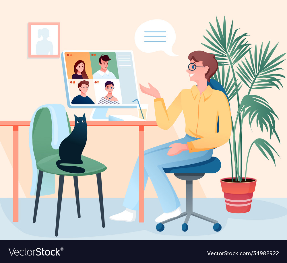 Young girl chatting with her friends and family online by video call app  with laptop. Group chatting, Social media technology concept illustration.  Flat design style cartoon character. Stock Vector