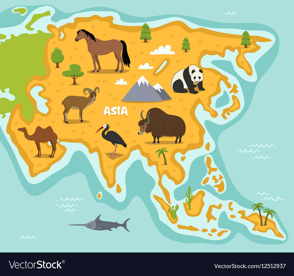 Asia Map Of Animals   Asian Map With Wildlife Animals Vector 12512937 