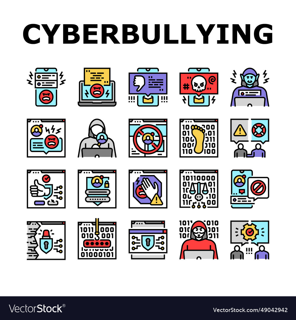 Cyberbullying cyber online icons set Royalty Free Vector